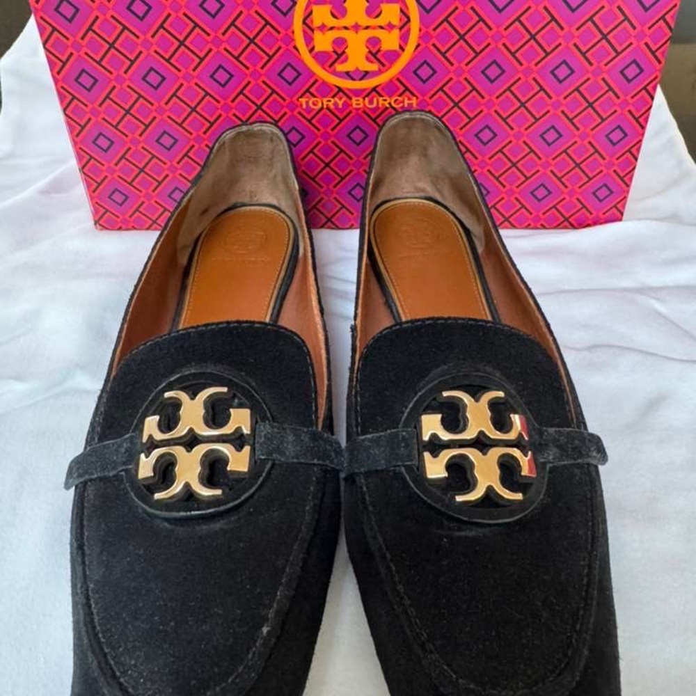 Tory Burch 'Metal Miller' Logo Loafer Black Suede Womens Size 9